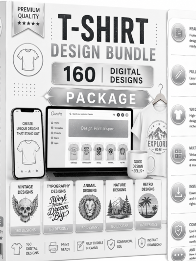 باكدج تصاميم التيشرتات الرقمية – 160 تصميم احترافي